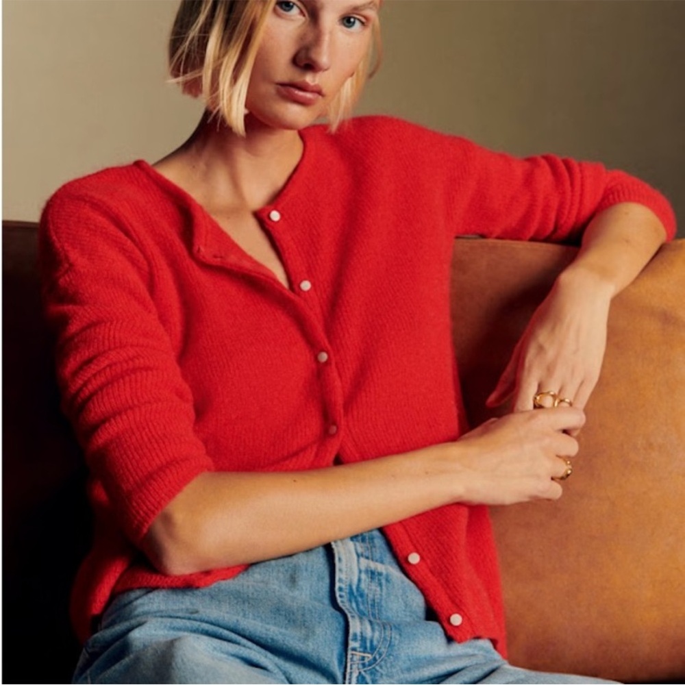 Sezane Bright Coral Snap-Front Knit Cardigan